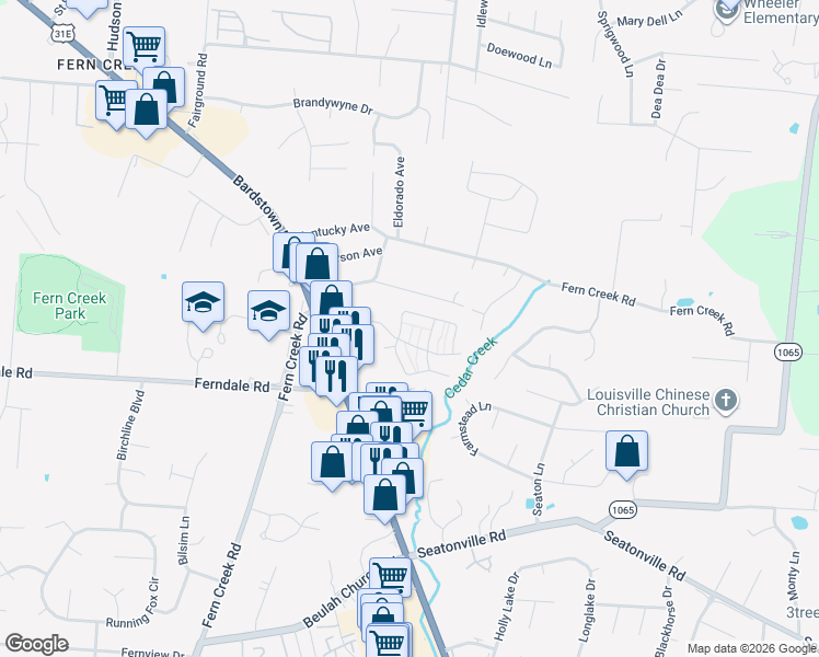 map of restaurants, bars, coffee shops, grocery stores, and more near 9705 Williamsborough Lane in Louisville