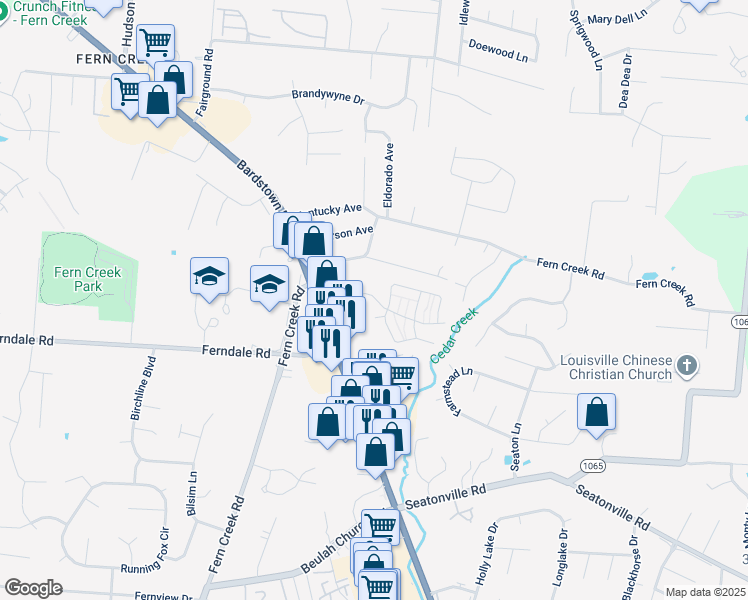 map of restaurants, bars, coffee shops, grocery stores, and more near 6602 Brighton Hill Lane in Louisville