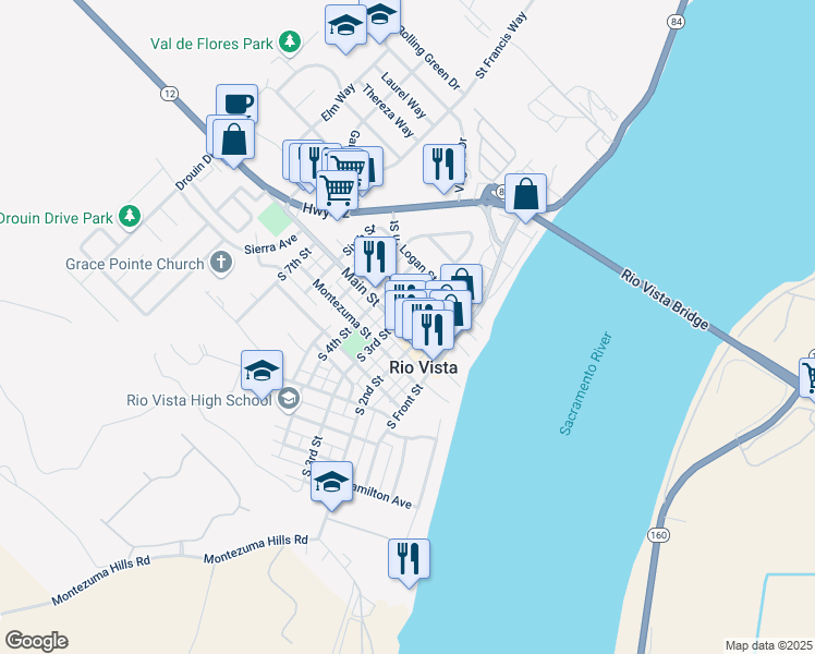 map of restaurants, bars, coffee shops, grocery stores, and more near 230 Main St in Rio Vista