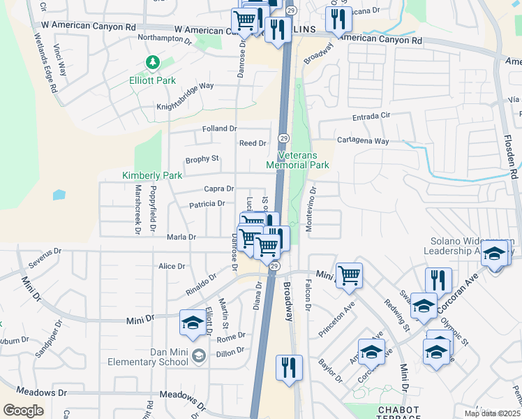 map of restaurants, bars, coffee shops, grocery stores, and more near 431 Blanco Street in American Canyon