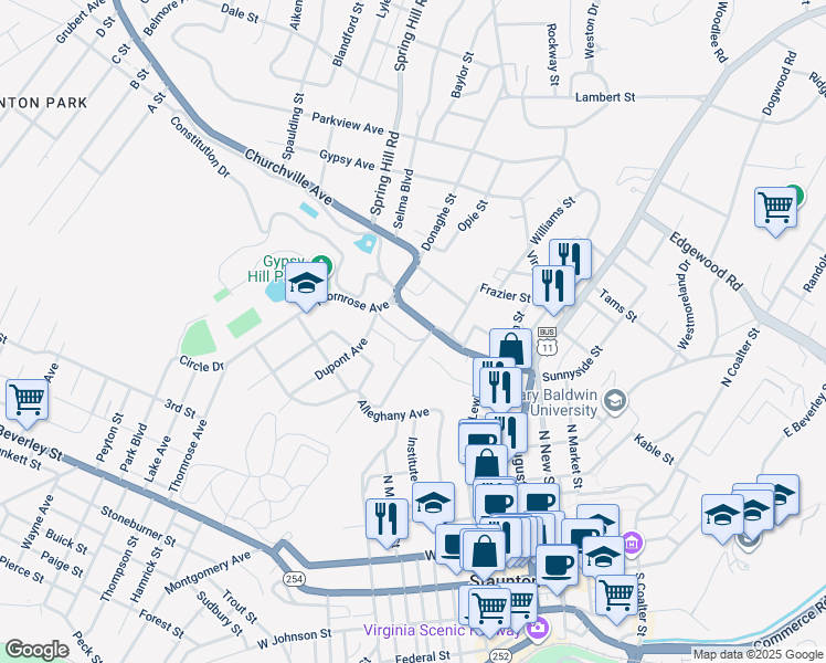 map of restaurants, bars, coffee shops, grocery stores, and more near 274 Churchville Avenue in Staunton