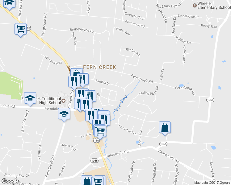 map of restaurants, bars, coffee shops, grocery stores, and more near 9513 Williamsborough Lane in Louisville