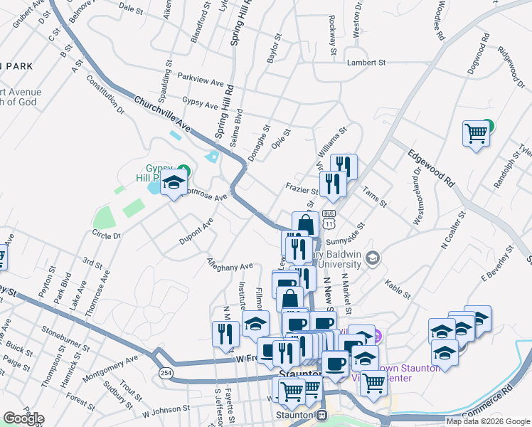map of restaurants, bars, coffee shops, grocery stores, and more near 231 Churchville Avenue in Staunton