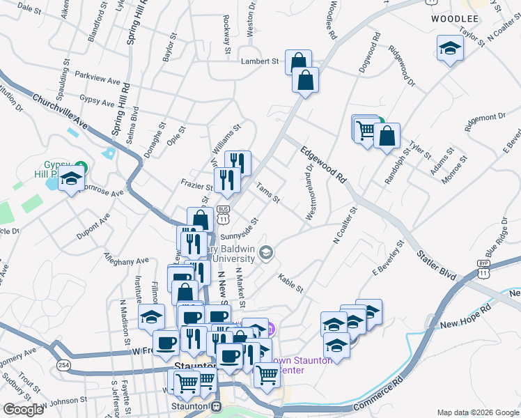 map of restaurants, bars, coffee shops, grocery stores, and more near 221 Sunnyside Street in Staunton