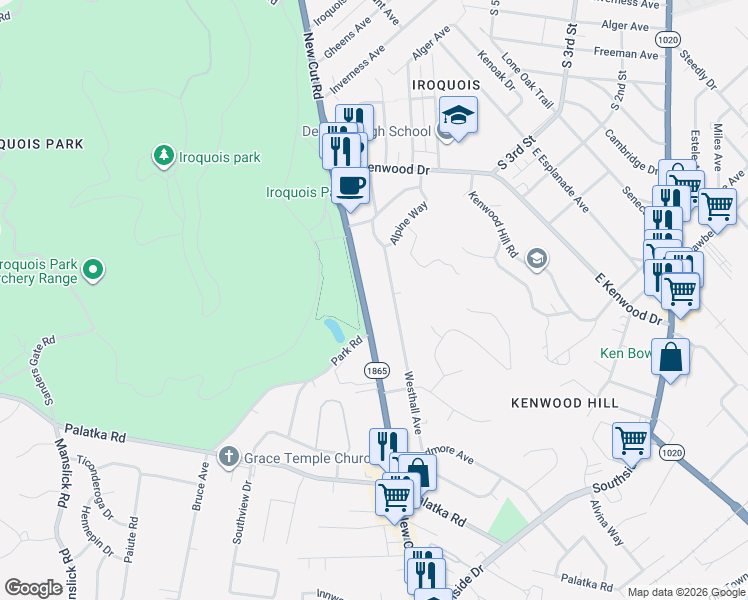 map of restaurants, bars, coffee shops, grocery stores, and more near 5333 New Cut Road in Louisville