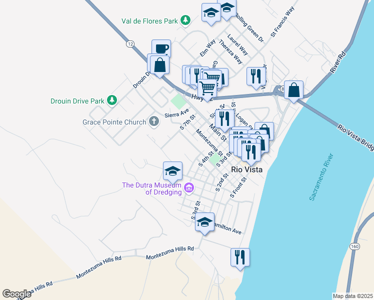map of restaurants, bars, coffee shops, grocery stores, and more near 6 Tavares Court in Rio Vista