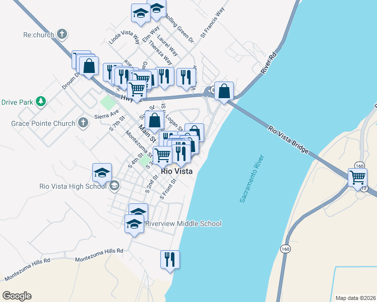 map of restaurants, bars, coffee shops, grocery stores, and more near 140 Sacramento Street in Rio Vista