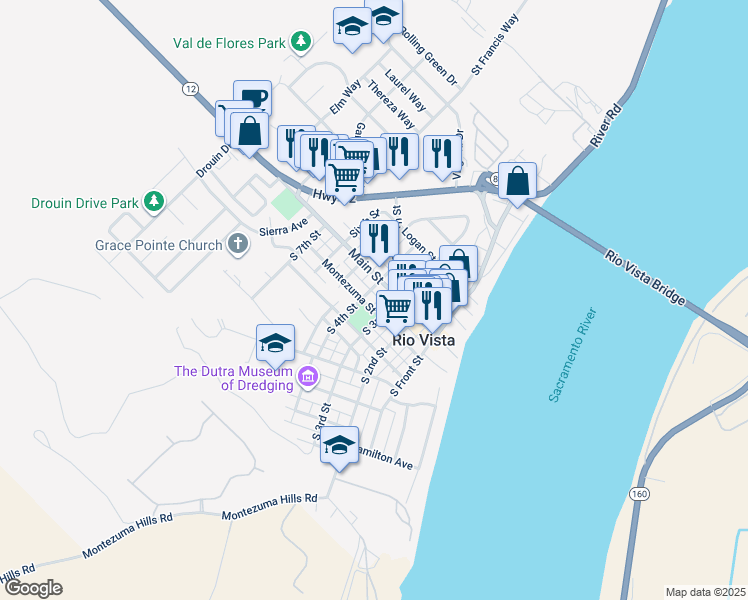 map of restaurants, bars, coffee shops, grocery stores, and more near 340 Montezuma Street in Rio Vista