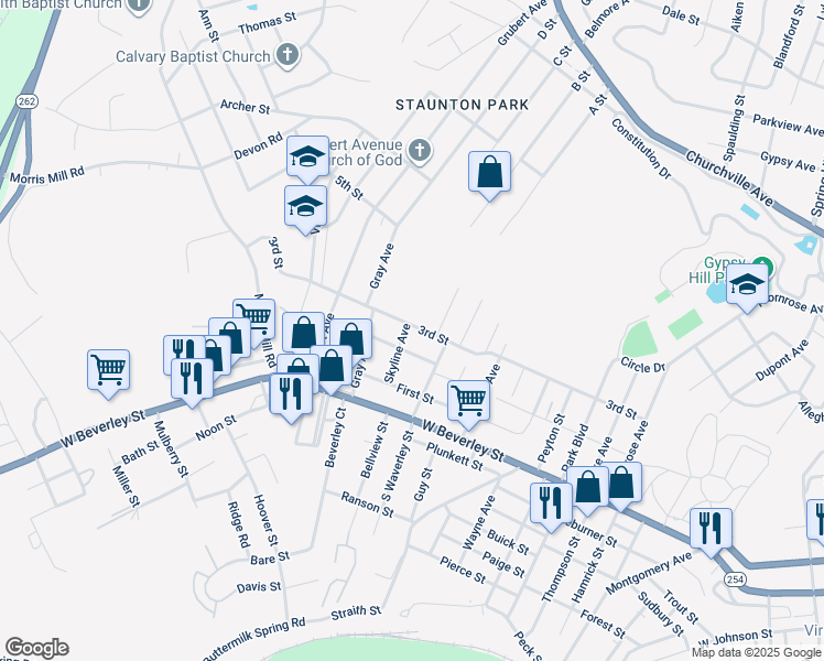 map of restaurants, bars, coffee shops, grocery stores, and more near 202 Skyline Avenue in Staunton