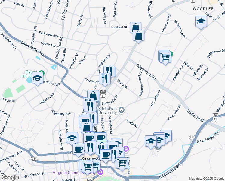map of restaurants, bars, coffee shops, grocery stores, and more near 614 Baptist Street in Staunton