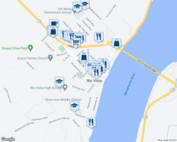 map of restaurants, bars, coffee shops, grocery stores, and more near S 3rd St & Main St in Rio Vista