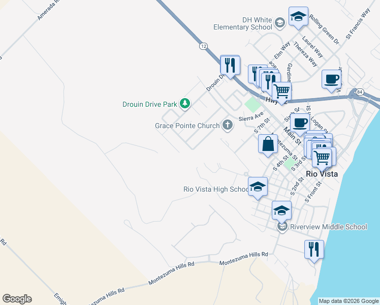 map of restaurants, bars, coffee shops, grocery stores, and more near 285 Yosemite Drive in Rio Vista