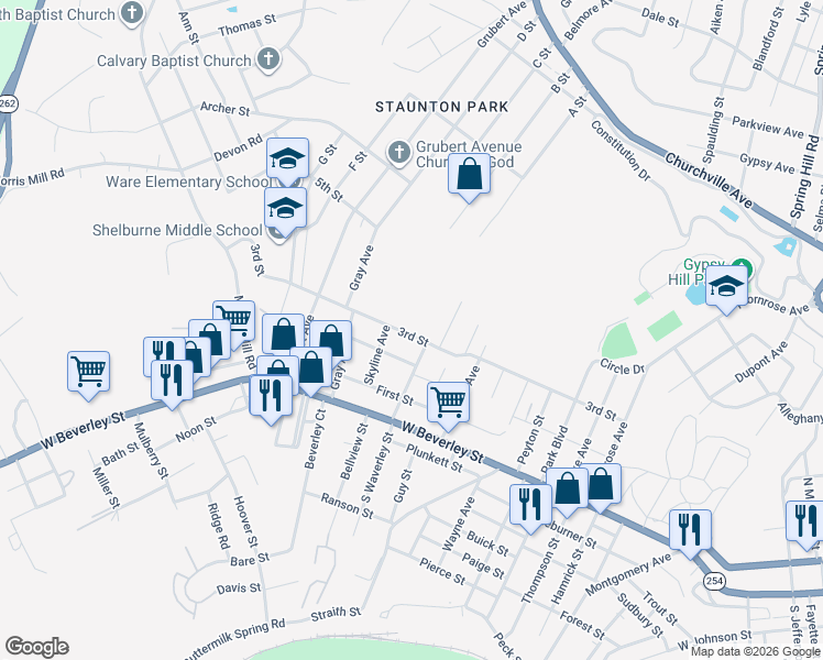 map of restaurants, bars, coffee shops, grocery stores, and more near 2207 3rd Street in Staunton