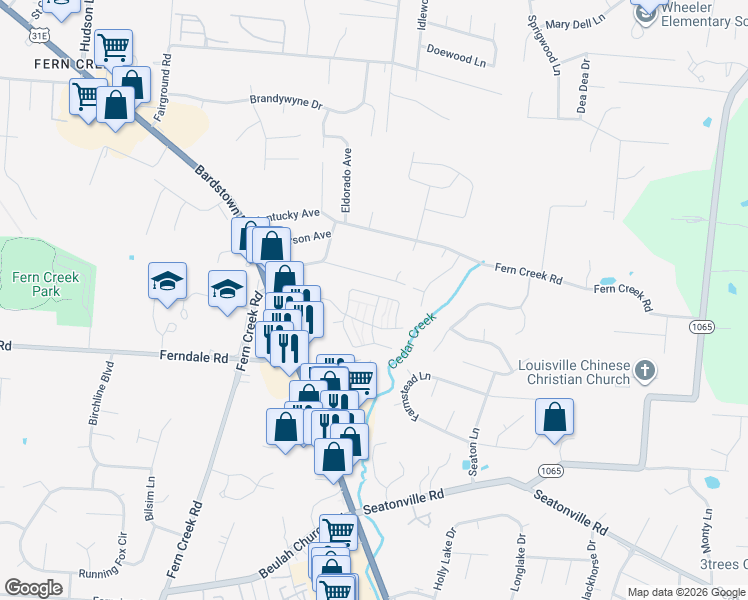 map of restaurants, bars, coffee shops, grocery stores, and more near 9705 Williamsborough Lane in Louisville