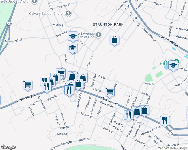 map of restaurants, bars, coffee shops, grocery stores, and more near 202 Skyline Avenue in Staunton