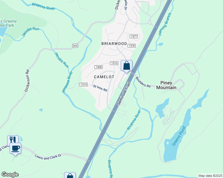 map of restaurants, bars, coffee shops, grocery stores, and more near 2122 Elm Tree Court in Charlottesville