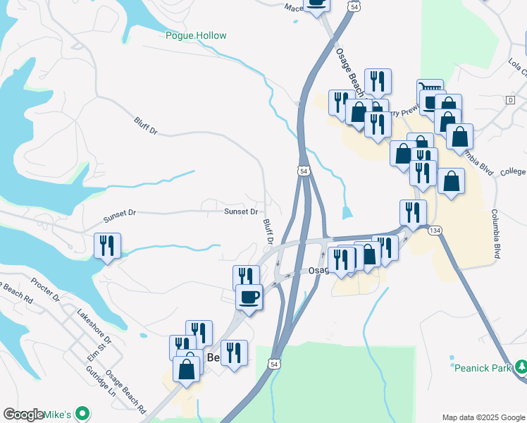 map of restaurants, bars, coffee shops, grocery stores, and more near 4146 Sunset Dr in Osage Beach