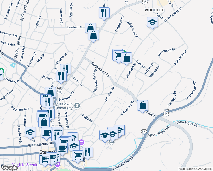map of restaurants, bars, coffee shops, grocery stores, and more near 410 Parkwood Lane in Staunton