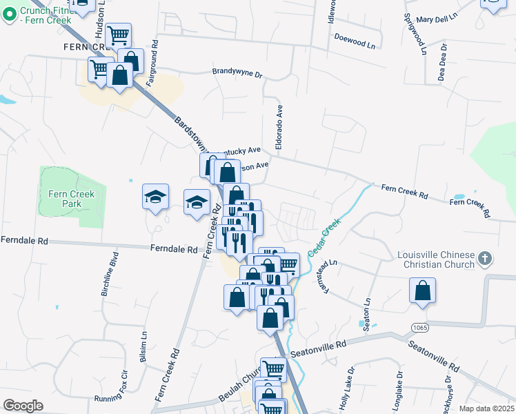 map of restaurants, bars, coffee shops, grocery stores, and more near 6602 Brighton Hill Lane in Louisville