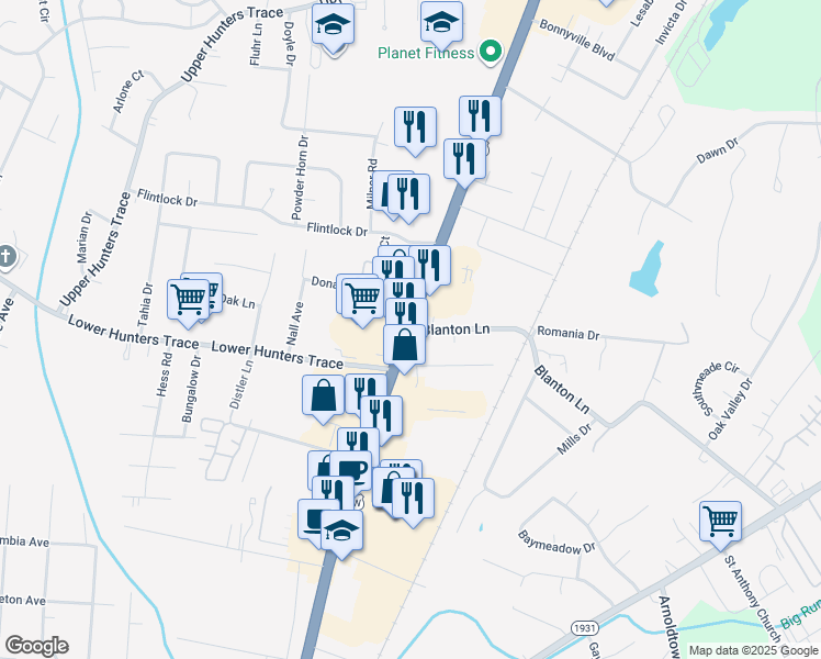 map of restaurants, bars, coffee shops, grocery stores, and more near Dixie Hwy & Blanton Ln in Louisville