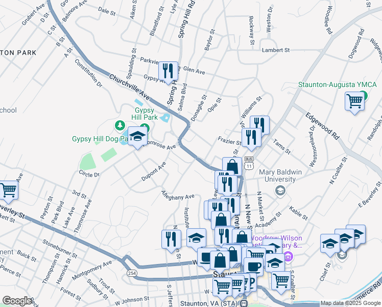 map of restaurants, bars, coffee shops, grocery stores, and more near 274 Churchville Avenue in Staunton