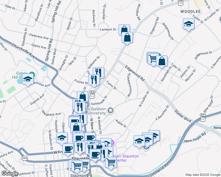 map of restaurants, bars, coffee shops, grocery stores, and more near 221 Sunnyside Street in Staunton