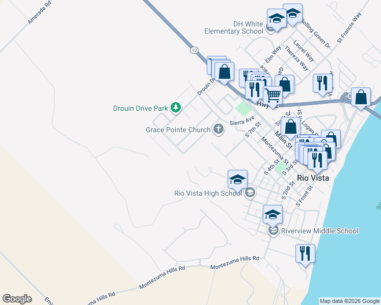 map of restaurants, bars, coffee shops, grocery stores, and more near 255 Yosemite Drive in Rio Vista