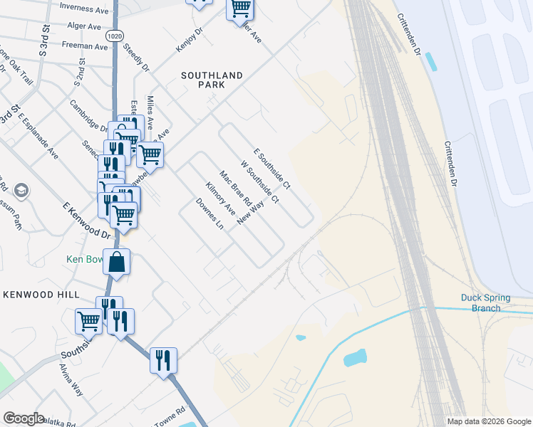 map of restaurants, bars, coffee shops, grocery stores, and more near 415 Mac Brae Road in Louisville