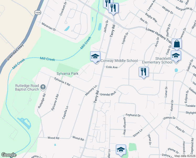 map of restaurants, bars, coffee shops, grocery stores, and more near 6507 Terry Road in Louisville