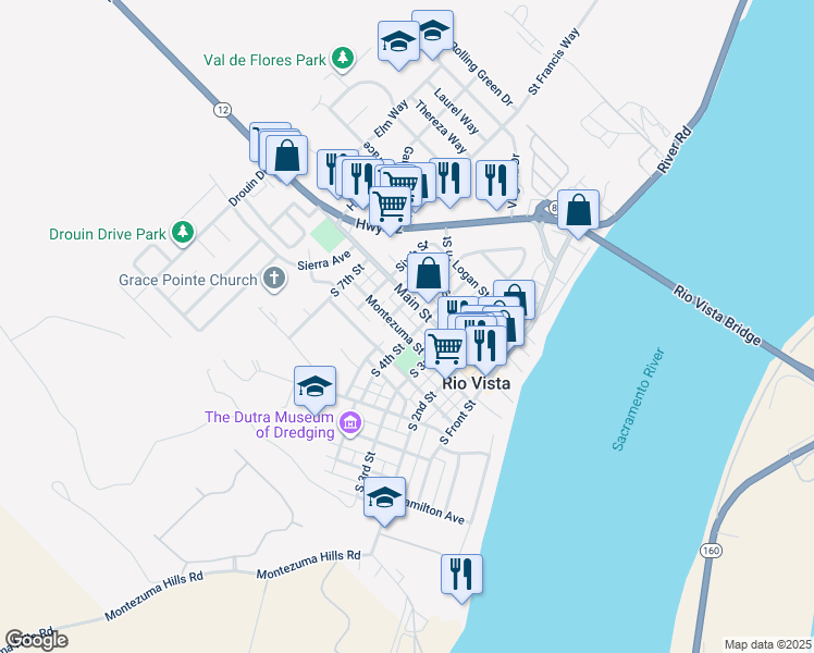 map of restaurants, bars, coffee shops, grocery stores, and more near 340 Montezuma Street in Rio Vista