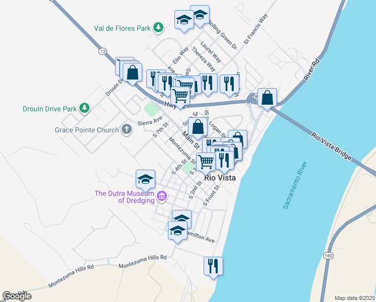 map of restaurants, bars, coffee shops, grocery stores, and more near 340 Montezuma Street in Rio Vista