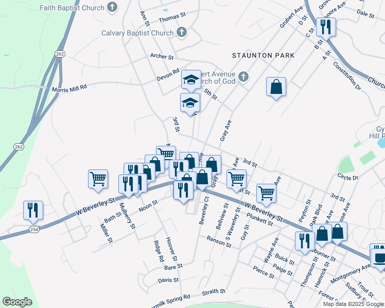 map of restaurants, bars, coffee shops, grocery stores, and more near 2200 Orange Street in Staunton