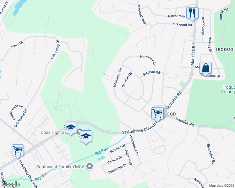 map of restaurants, bars, coffee shops, grocery stores, and more near 7410 Nottoway Circle in Louisville