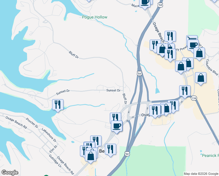 map of restaurants, bars, coffee shops, grocery stores, and more near 1100-1198 Dorothy Lane in Osage Beach