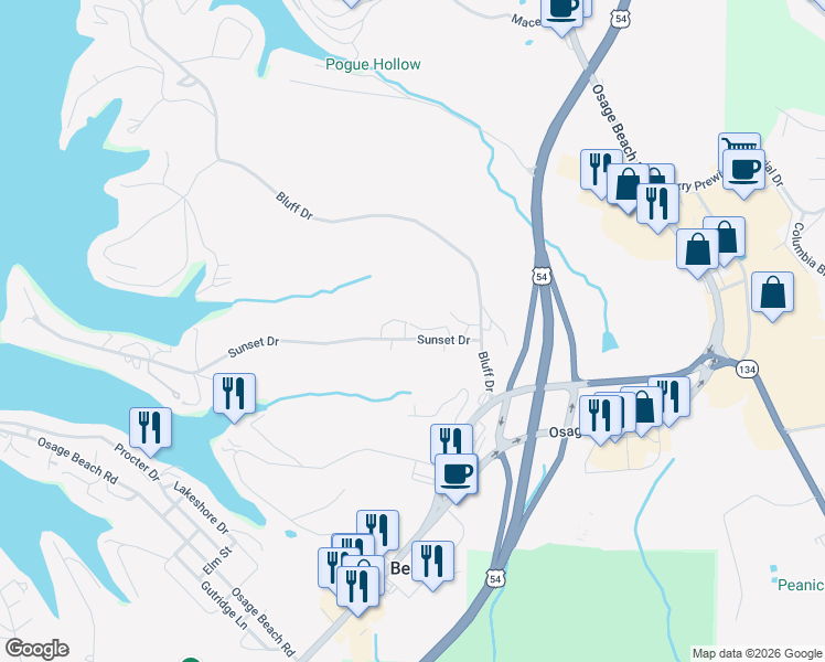 map of restaurants, bars, coffee shops, grocery stores, and more near 1100-1198 Patricia Lane in Osage Beach