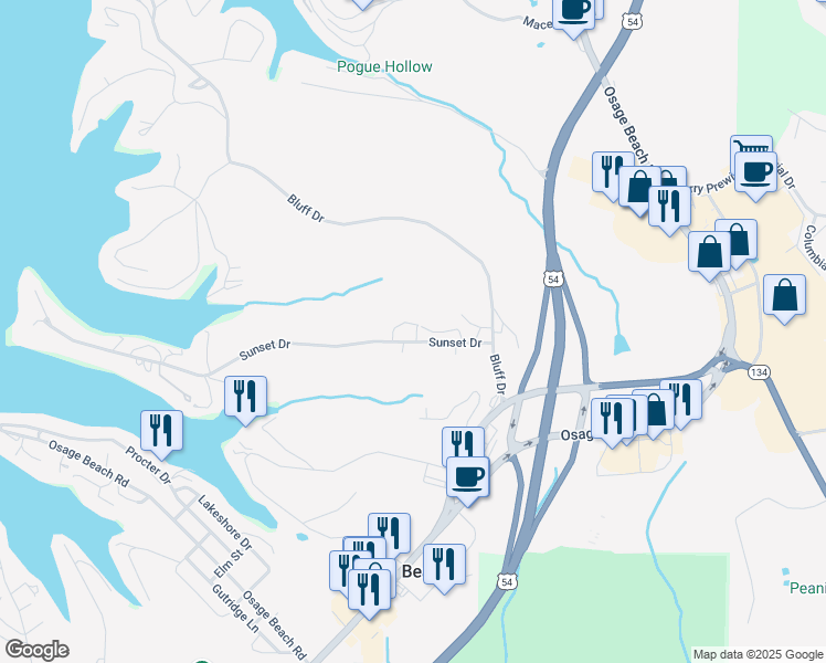 map of restaurants, bars, coffee shops, grocery stores, and more near 1100-1198 Patricia Lane in Osage Beach