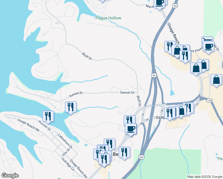 map of restaurants, bars, coffee shops, grocery stores, and more near 1100-1198 Patricia Lane in Osage Beach