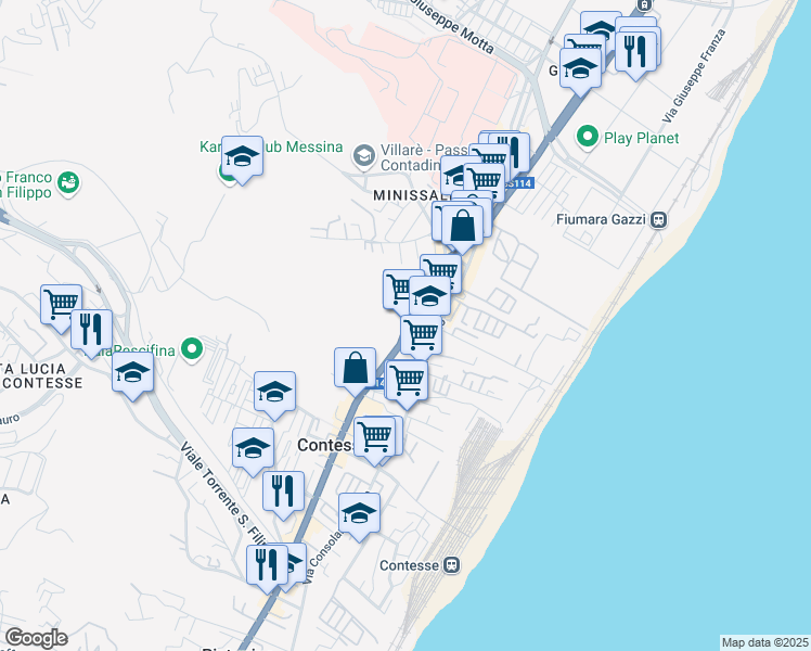 map of restaurants, bars, coffee shops, grocery stores, and more near Strada Statale 114 Orientale Sicula in Messina
