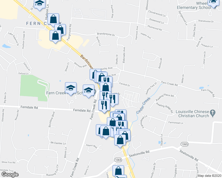 map of restaurants, bars, coffee shops, grocery stores, and more near 6616 Newbridge Place in Louisville