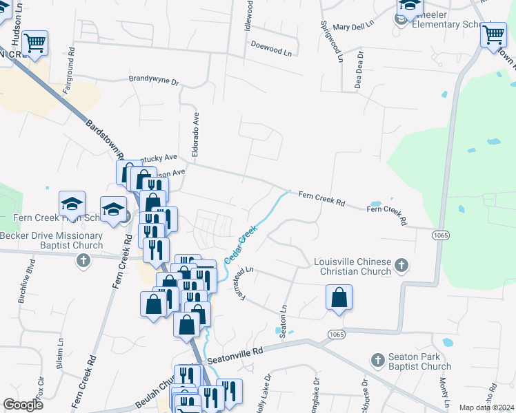 map of restaurants, bars, coffee shops, grocery stores, and more near 6515 Keeling Park Drive in Louisville