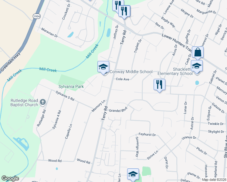 map of restaurants, bars, coffee shops, grocery stores, and more near 6507 Terry Road in Louisville
