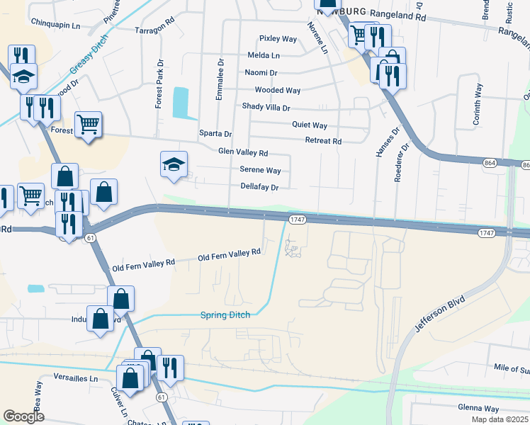 map of restaurants, bars, coffee shops, grocery stores, and more near Fern Valley Road in Louisville