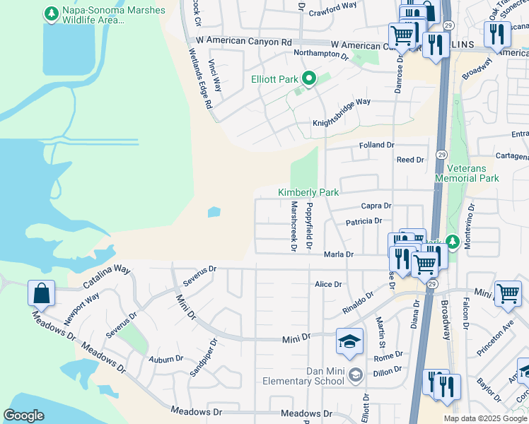 map of restaurants, bars, coffee shops, grocery stores, and more near 568 Cattail Court in American Canyon