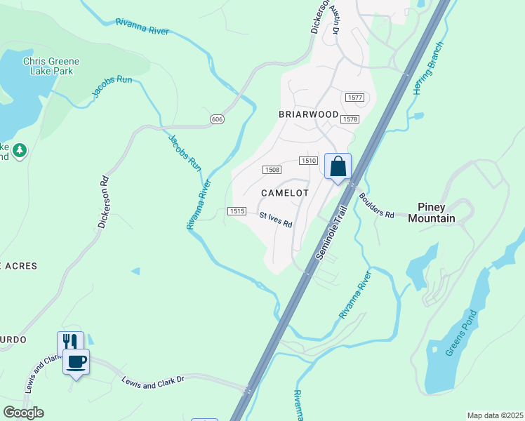 map of restaurants, bars, coffee shops, grocery stores, and more near 115 Saint Ives Road in Charlottesville