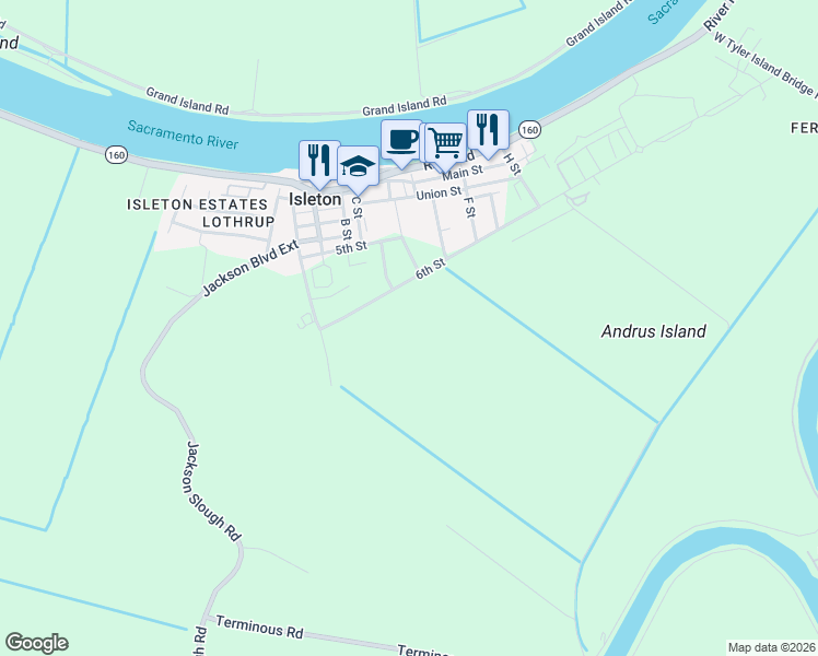 map of restaurants, bars, coffee shops, grocery stores, and more near 9 School Street in Isleton