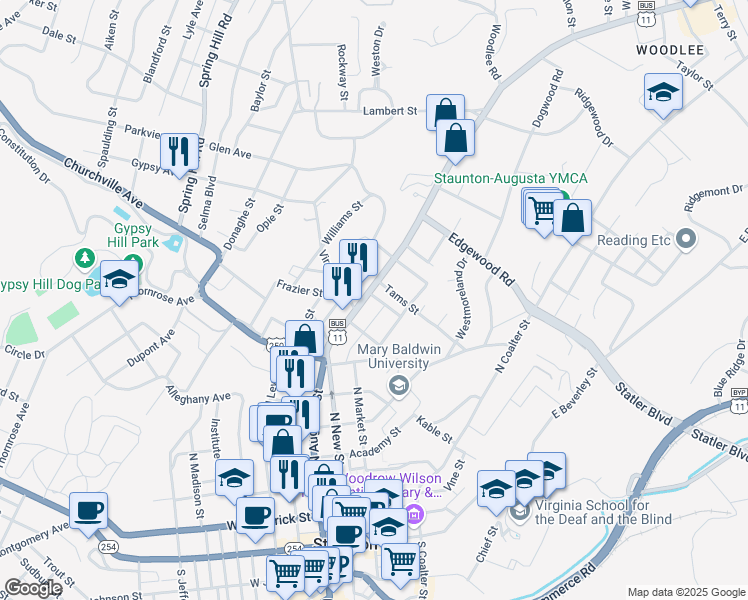 map of restaurants, bars, coffee shops, grocery stores, and more near 924 North Augusta Street in Staunton