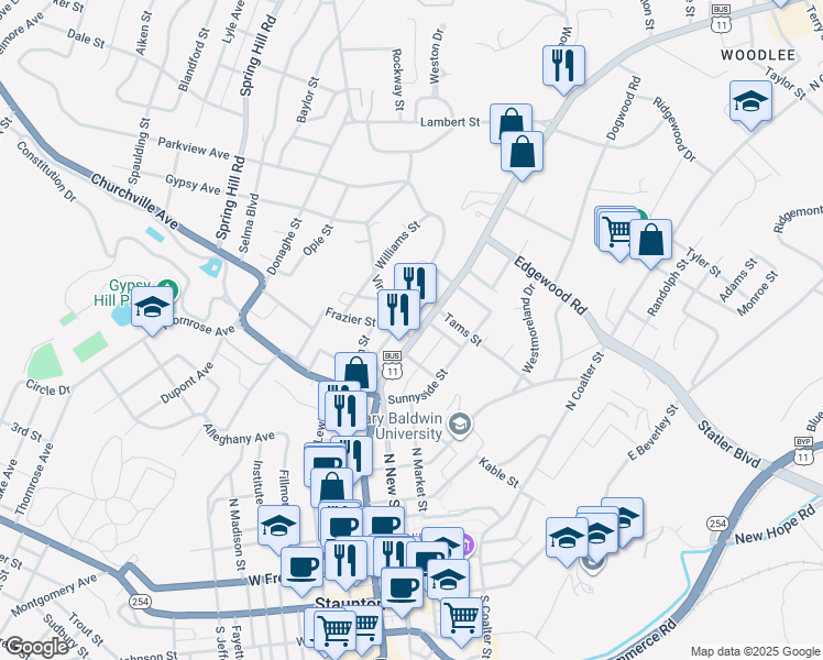 map of restaurants, bars, coffee shops, grocery stores, and more near 924 North Augusta Street in Staunton