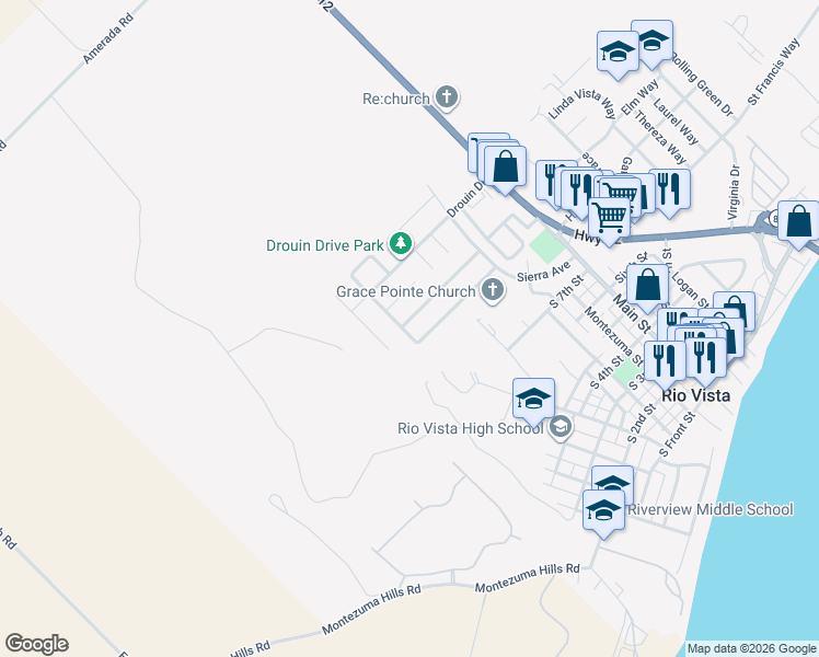 map of restaurants, bars, coffee shops, grocery stores, and more near 265 Tahoe Drive in Rio Vista