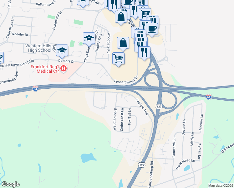 map of restaurants, bars, coffee shops, grocery stores, and more near 116 Briar Patch Lane in Frankfort