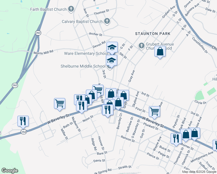 map of restaurants, bars, coffee shops, grocery stores, and more near 2200 Orange Street in Staunton